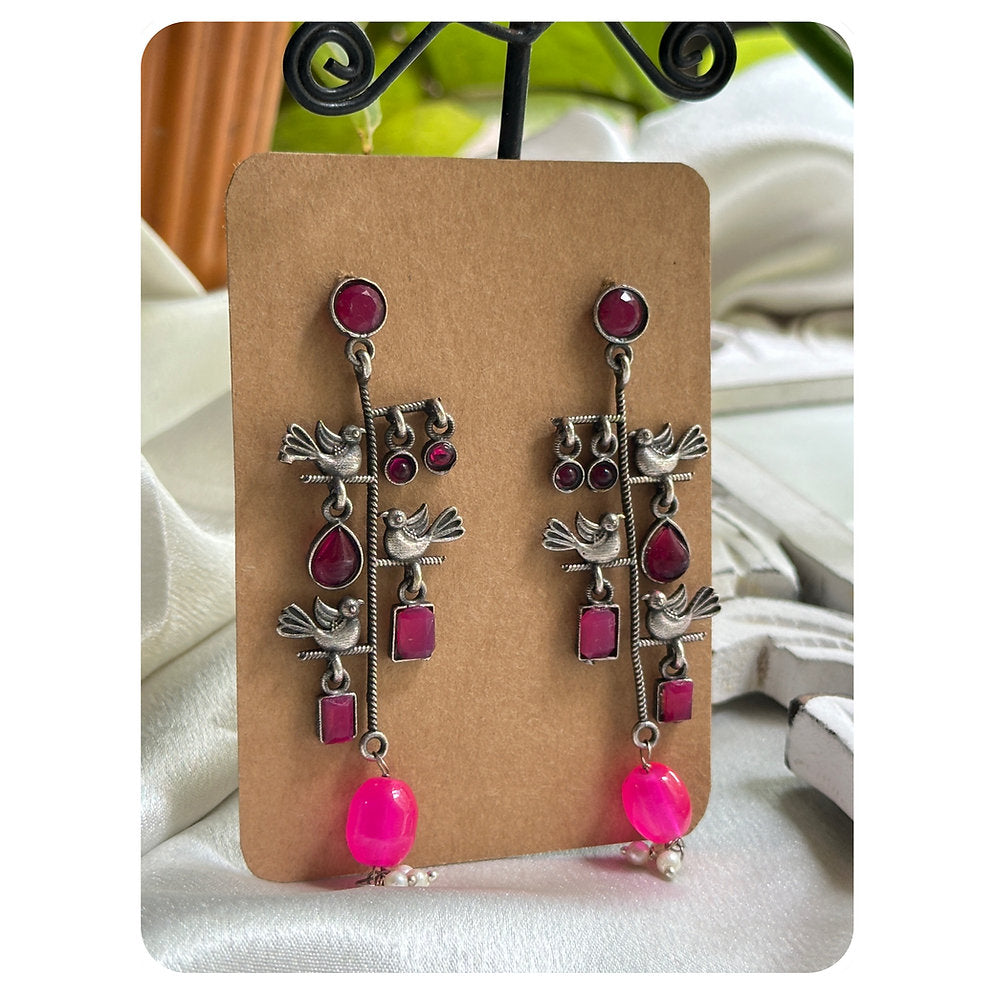 Silver Oxidised Pink Beaded Bird Earrings