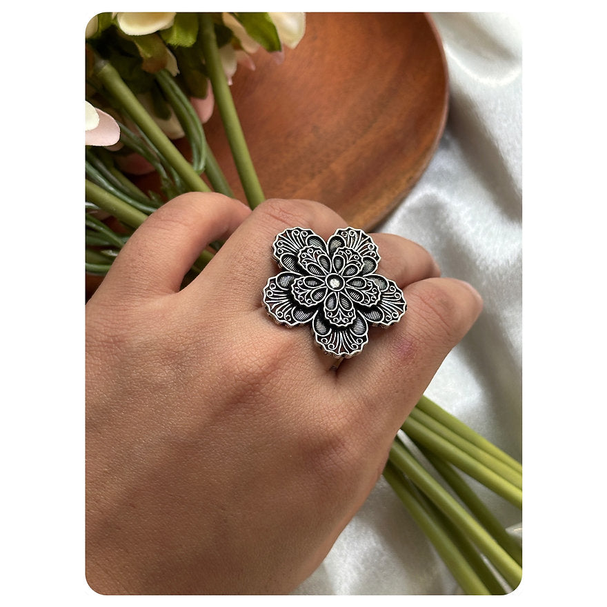 Light weight Adjustable Base metal- German Silver Silver Toned Big Floral Ring