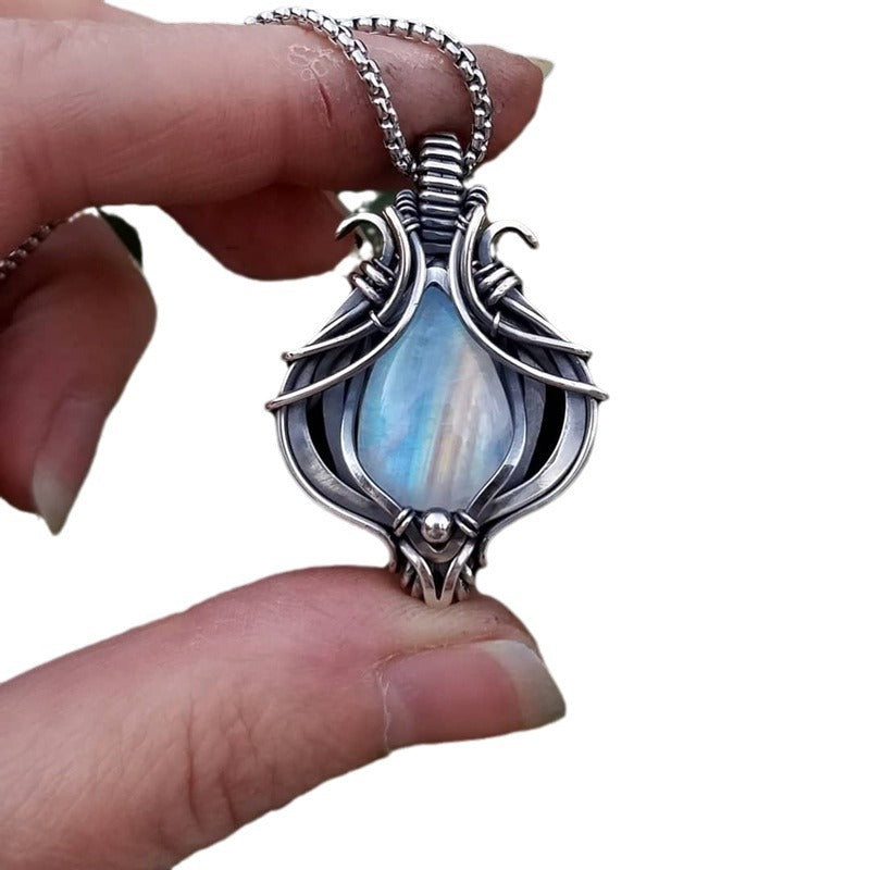Vintage Hollow Geometry Moonstone Pendant Necklace