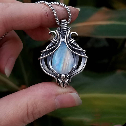 Vintage Hollow Geometry Moonstone Pendant Necklace