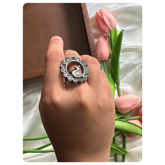 Silver Oxidised Pink and Mint Peacock Ring