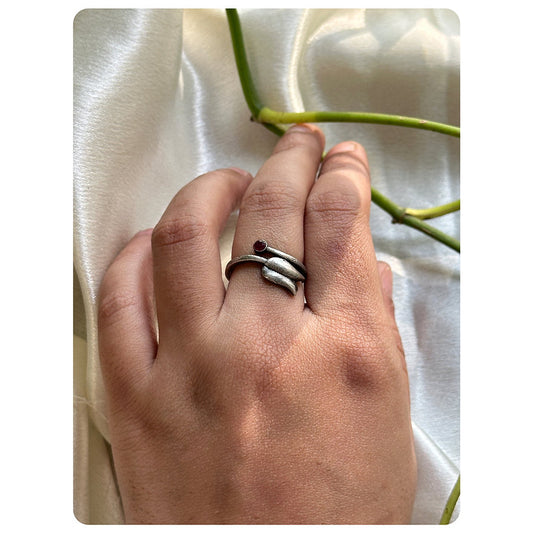 Silver Oxidised Pink Stone Tulip Ring