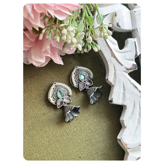 Silver Oxidised Mint And Pink Stone Embellished White Bead Work Jhumka