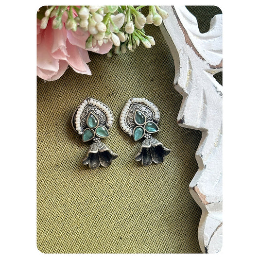 Silver Oxidised Mint Stone Embellished White Bead Work Jhumka