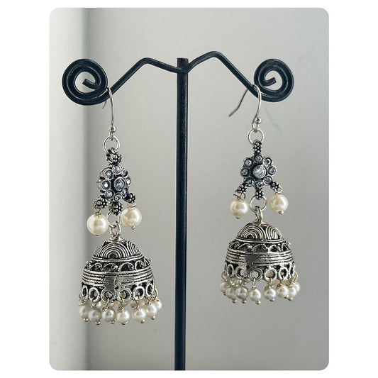 Silver Toned White Floral Stone Jhumkas