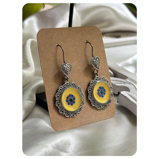 Silver Oxidised Yellow Hand painted Hook Earrings
