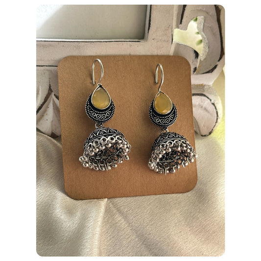 Silver Toned Yellow Drop Stone Jhumkas