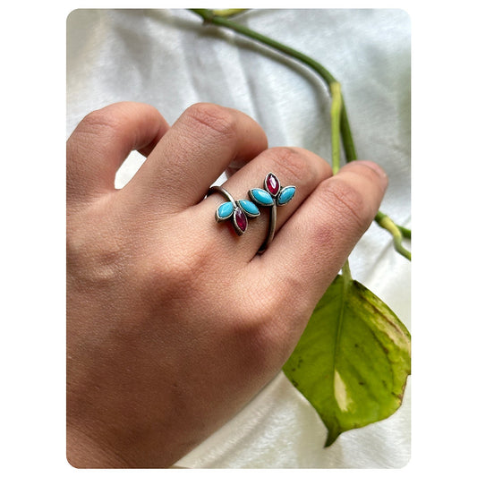 Silver Oxidised Blue and Pink Stone Leaf Ring