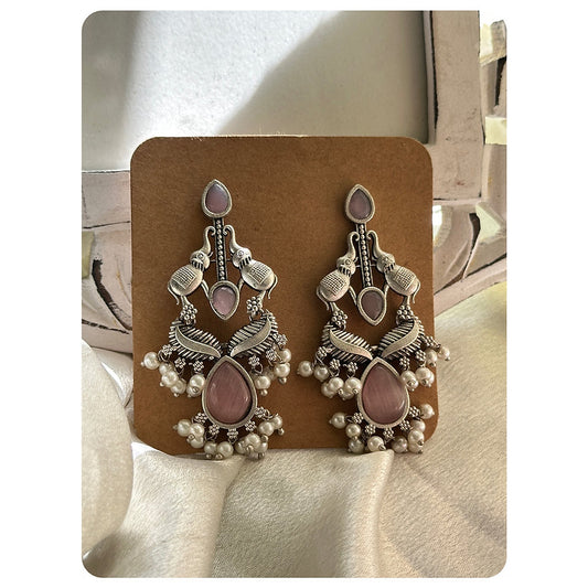 Silver Oxidised Baby Pink Stone Embellished Elephant Motif Earrings