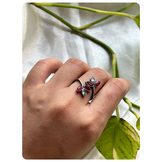 Silver Oxidised Pink and White Stone Leaf Ring