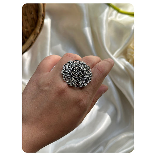 Silver Toned Big Floral Ring