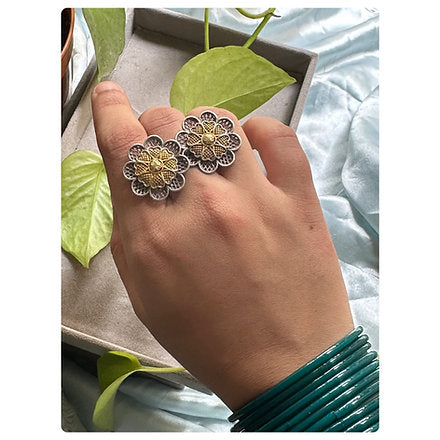 Dual Toned Oxidised Floral Dual Ring