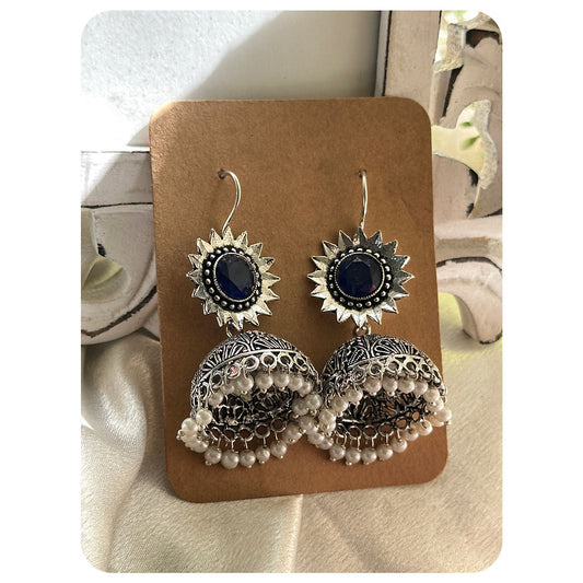 Silver Toned Navy Blue Stone Embellished Sun Jhumkas
